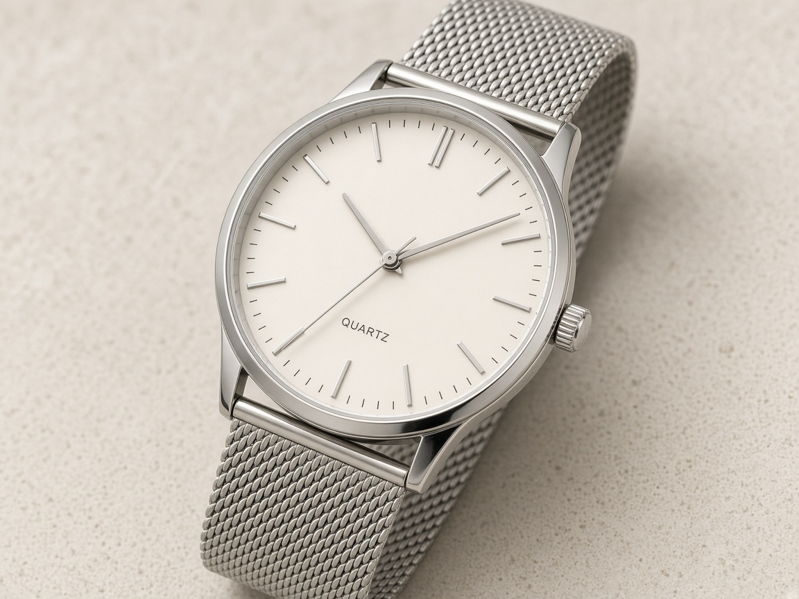 Nahaufnahme einer Quarzuhr mit cremefarbenem Zifferblatt und silbernem Mesh-Armband auf heller Oberfläche